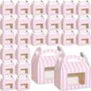 Mooliwe 50 Pcs 4 x 2.5 x 2.5 Inch Pink and White Striped Gable Boxes for Party Favors Bulk Party Favors Pink Small Paper Treat Goodie Box with Clear Window Handle for Baby Shower Birthday Wedding
