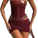 Sexy Two Piece Outfits for Women Off the Shoulder Leather Tube Top High Waist Ruched Mini Skirt Set Vacation Outfits Large