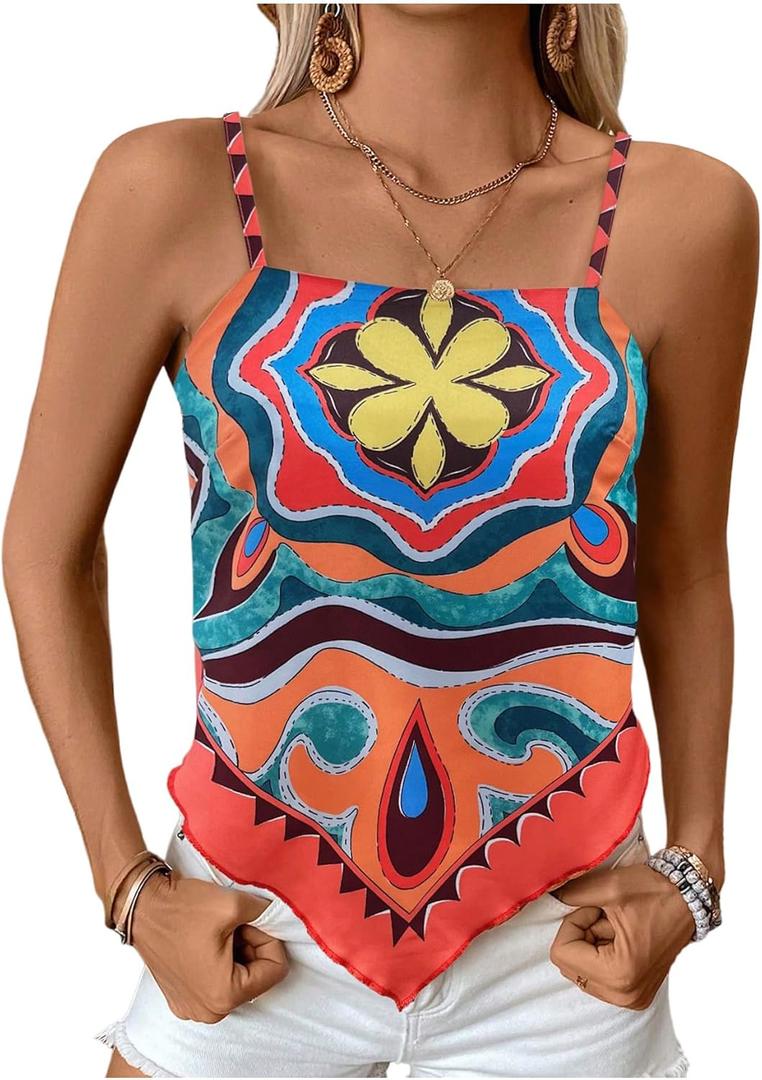 Milumia Women's Tropical Hanky Hem Cami Top Boho Spaghetti Strap Square Neck Bandana Tops, Medium