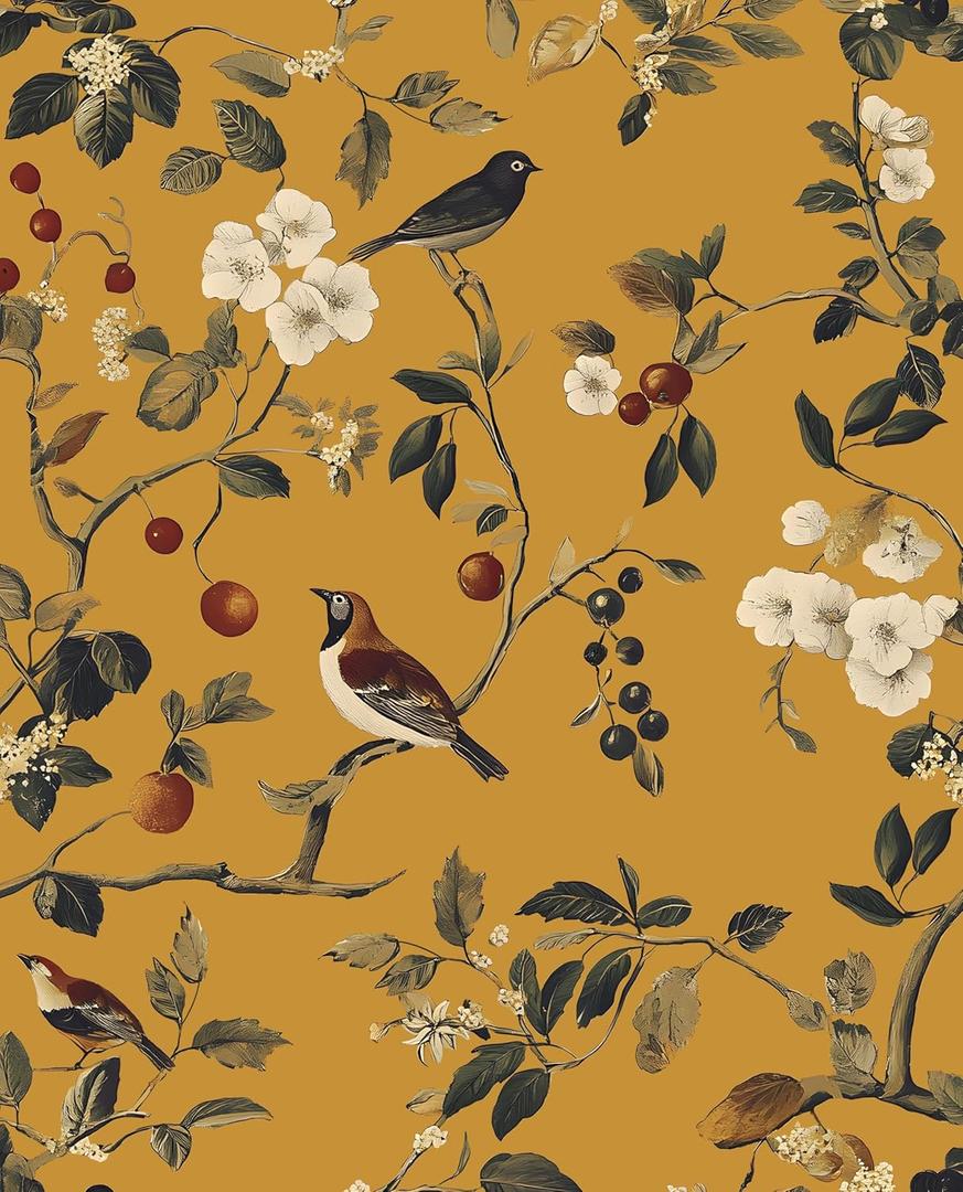 Vintage Bird Wallpaper 17.5"x118" Yellow Chinoiserie Floral Wallpaper Peel and Stick Removable Waterproof Self Adhesive Boho Wall Paper Floral Contact Paper for Bedroom Walls Cabinet Locker