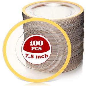 Tanlade 100 Pcs Clear Gold Plastic Plates Bulk 7.5 Inch Disposable Heavy Duty Dinner Plates with Rim Round Salad Dessert Appetizer Dinnerware for Wedding Birthday Party Supplies