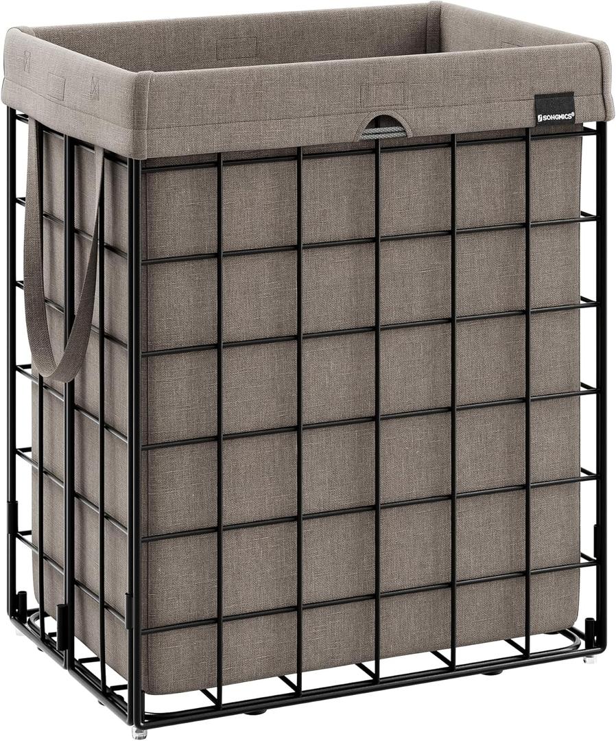 SONGMICS Laundry Hamper, 23.8 Gal. (90L) Laundry Basket, Collapsible Clothes Hamper, Removable and Washable Liner, Metal Wire Frame, for Bedroom Bathroom, Black and Camel Brown ULCB190N01