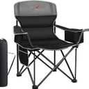 Oversized Folding Camping Chair, Heavy Duty Support 500LBS Outdoor Chair with Cup Holder Storage and Cooler Pouch, Collapsible Padded Arm Chair for Sports Garden Beach Fishing, Black (1 PC)