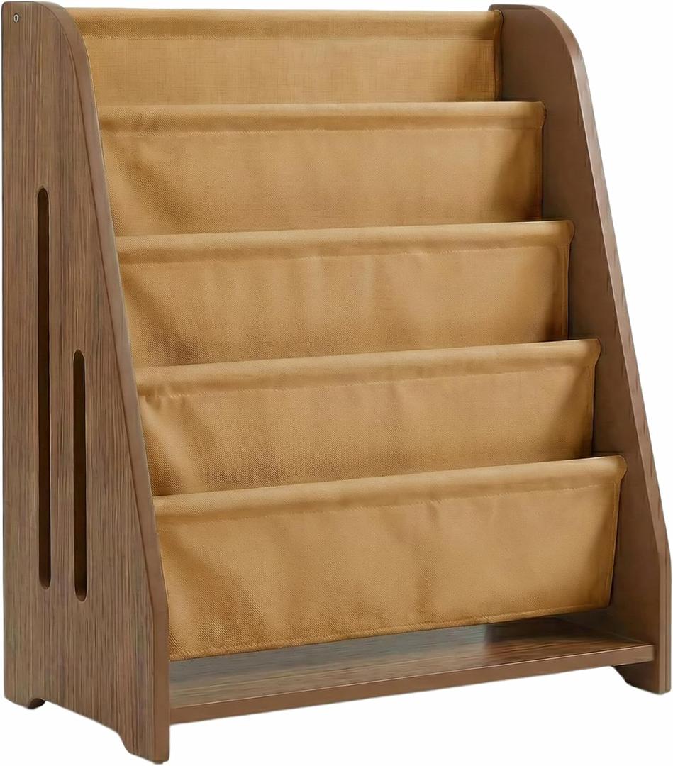 PERUGINA Wood Toddler Bookshelf Montessori Nursery Kids Baby Book Shelf Dutch Design 5Tier,Brown RedWalnut GrainPattern, Width28", Height31", Depth11"
