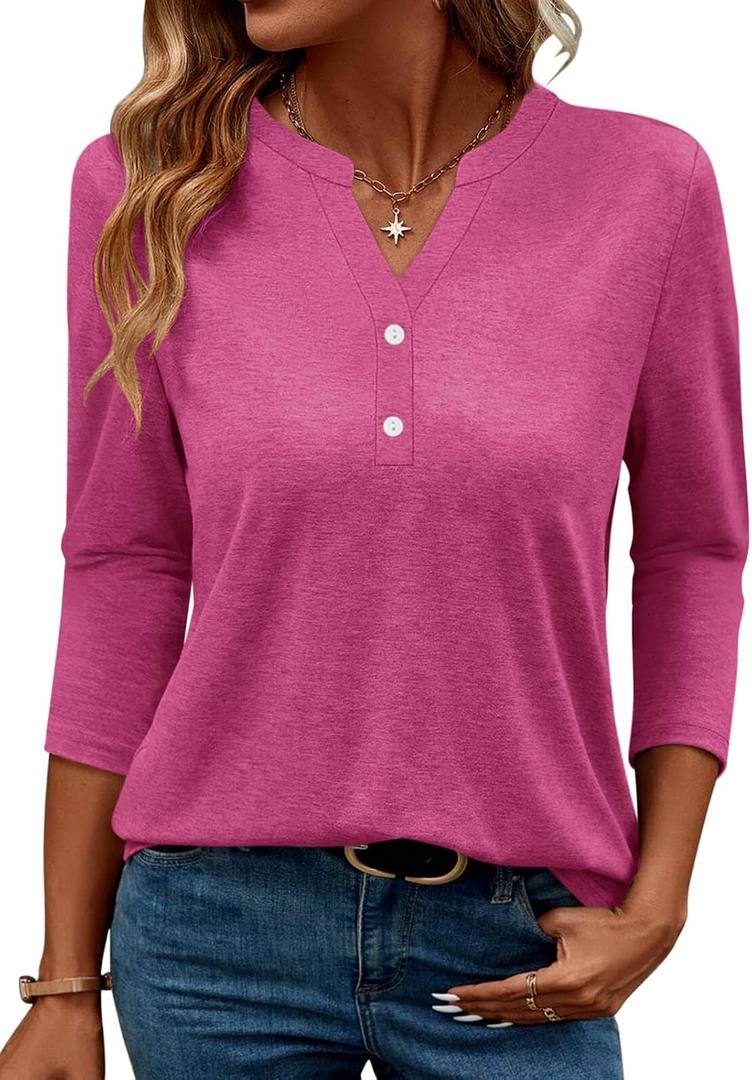 TICTICMIMI Women's V Neck 3/4 Sleeve Tops Button Down Casual T Shirts Basic Loose Fit Tunic Blouse (S)