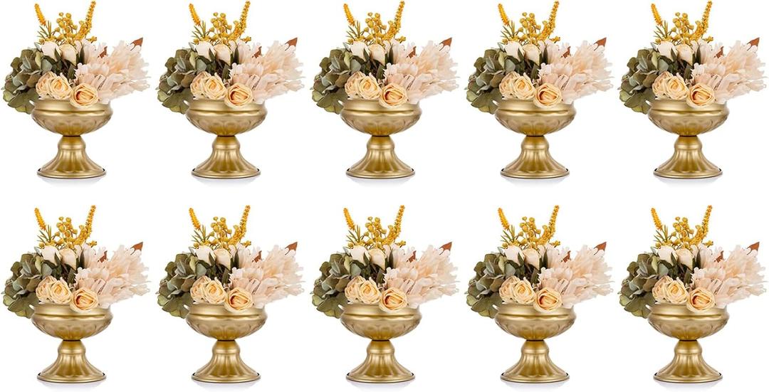 Metal Vases for Table Centerpieces, Hewory Gold Compote Pedestal Vase Floral Container Bulk, Brass Mini Footed Bowl Flower Holders Center Pieces for Wedding Birthday Party Anniversary (10pcs, 6.5in)