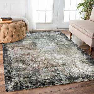 8' x 10' Washable Area Rug - Low Pile Soft Vintage Indoor Rug for Living, Dining or Bedroom - Lightweight Carpet with Non-Slip Backing - Foldable for Easy Placement, Blackish