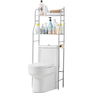 2-Tier Over The Toilet Storage, Over Toilet Bathroom Organizer, Freestanding Metal Bathroom Shelves, Over The Toilet Organizer with Hooks and Paper Holder, Space-Saving, Stainless Steel, Stainless steel two layers