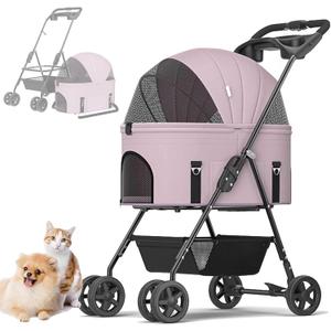 Dog Stroller, Dog Stroller, 17 kg, Travel Stroller for Pets Dog Cat with Removable Transport and Storage Basket, Folding Portable Pram, Purple