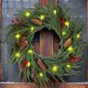 Yunlly 20 Inch Christmas Wreaths for Front Door with Light Xmas Pine Wreath with Pine Cones Berries Artificial Green Garland for Home Indoor Outdoor Wall Window Porch Xmas Decoration