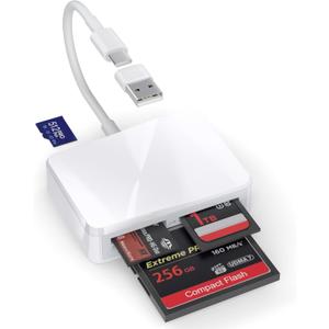 SD Card Reader, 4 in 1 USB C to SD/TF/CF/MS Card Reader with USB to USB C Adapter Memroy Card Reader for iPhone 17/16/15 Pro Max iPad Pro MacBook Pro/Air iMac M4/M3/M2 Android Phone/Tablet PC (White) (Whtie)