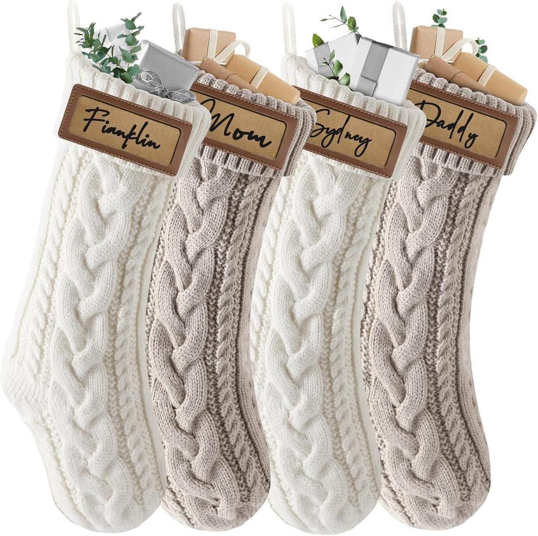 4 Pack Personalized Farmhouse Christmas Stocking with Leather Patches Custom Name Family Christmas Stockings, 18.5 Large Knitted Xmas Stockings for Kids, Holiday and Fireplace Party Decoration (Brown)