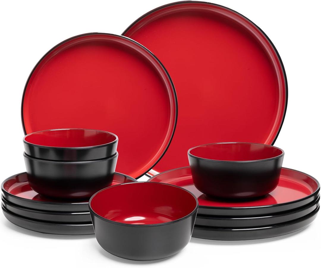 12-piece Dinnerware Sets Service for 4 - Dinner Plate, Dessert Plates, Cereal Bowls, Lightweight Melamine Plates and Bowls Sets, RV, Kitchen Dishes for Outdoor Use, Red and Black