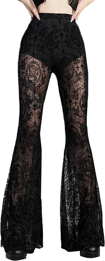 FEOYA Gothic Black Lace Flare Pants for Women Elastic Waist Victorian Bell Bottoms Mesh Punk Disco Pant Black L