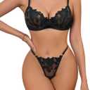 Lilosy Sexy Satin Mesh Floral Sheer Embroidered Underwire Lingerie Set 2 Piece Women (Black, XL)