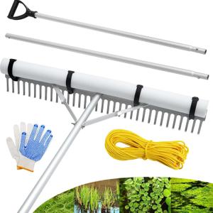 Floating Lake Rake, 36" Aluminum All Purpose Lake and Landscape Rake with 11' Extension Handle and 52' Rope, Weed & Algae Removal