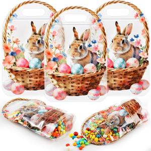 Gersoniel 50 Pcs Easter Candy Gift Bags with Handle Plastic Resealable Easter Sealing Pouches Treat Bunny Chicks Goodie Bags for Egg Hunt Holiday Party Small Gift Wrapping Supplies(Yellow Chick)