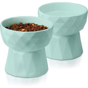 Frewinky Cat Bowls,Ceramic Cat Bowls Anti Vomiting,Raised Food and Water Bowl Set for Cats and Small Dogs,13.5 Oz,Green