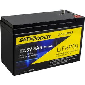 SEFEPODER 12V 8Ah LiFePO4 Lithium Deep Cycle Battery, 2000+ Cycles Rechargeable Battery for Solar/Wind Power, Lighting, Power Wheels, Fish Finder and More with Built-in 8A