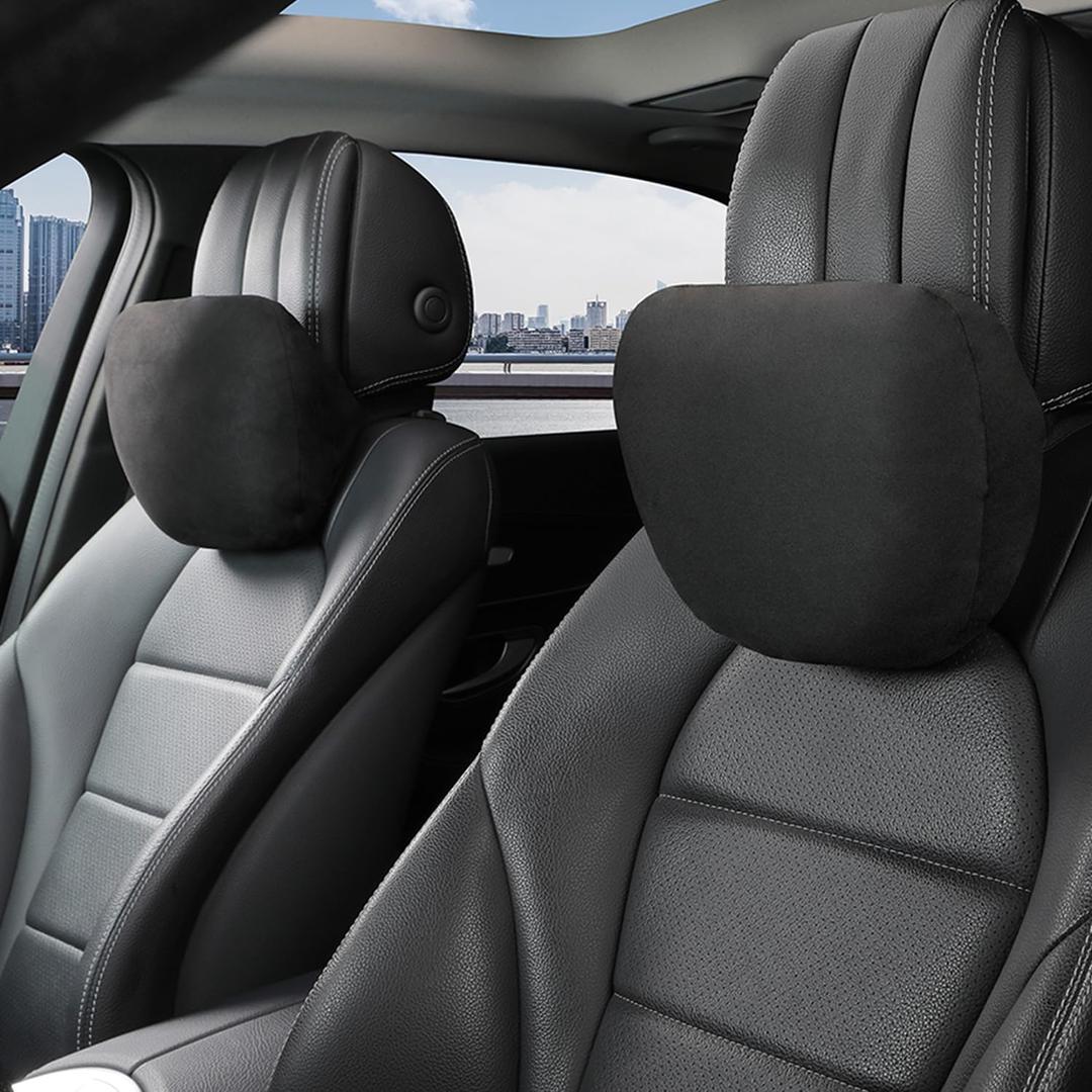 2pcs Car Neck Pillow for headrests,Support Drive Seats Head Cushion Pillows,Superfiber Suede,Plant-Based Polyester,Thickness & Height Adjustable,11.8x7.5,Inner Liner fillable (Black Color)