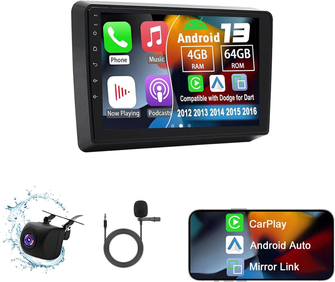 Android 13 Car Radio Compatible with Dodge for Dart 2012 2013 2014 2015 2016, 4G+64G 9" Touch Screen Car Stereo Radio with Wireless Carplay Android Auto GPS WiFi Mic Backup Camera