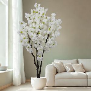 6ft Tall Cherry Blossom Artificial Tree, Handmade White Cherry Tree, Fake Flower Faux Silk Leaves Plant, Artificial Plants for Home Office Indoor Outdoor Party Wedding Christmas Decor