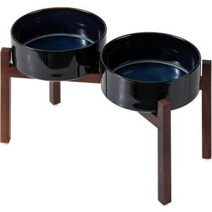 Ceramic 8.2inch Raised Double Dog Bowls Set with Acacia Wood Stand, Food & Water Bowls for Large Breed Dogs, Weighted Pet Dishes(60oz, Starry Sky) (7.6CUPS)