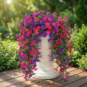 Artificial Hanging Flowers for Outdoors Spring Summer Decor, 4 Bundles UV Resistant Colorful Silk Faux Morning Glory for Outdoor Planters, Garden, Front Porch, Patio, Yard Decor(Yellow Blue Green)