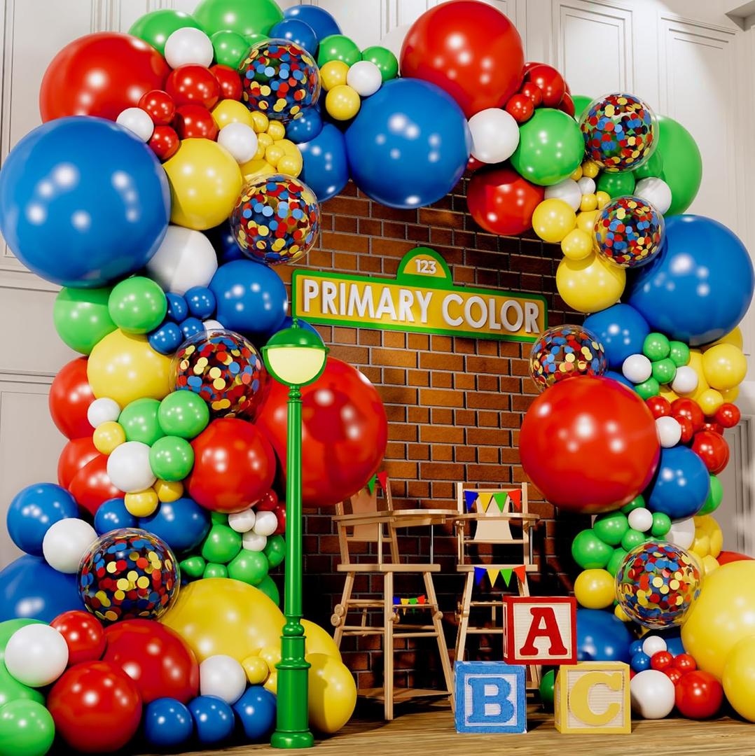 ALL-IN-1 Lego Balloon Arch Kit & Garland Red, Blue, Green Balloons in Small & Large Sizes Primary Colors for Circus, Carnival, Rainbow, Boys Birthday Party Supplies & Decorations