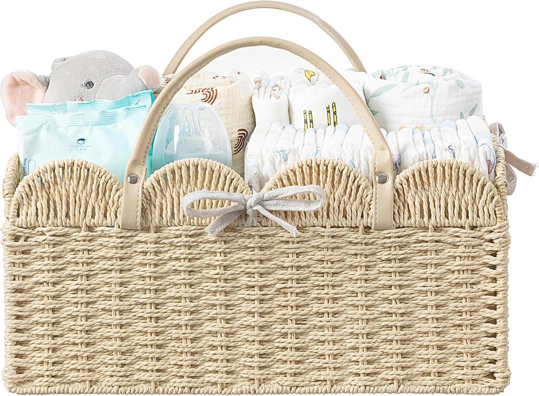HBlife Baby Diaper Caddy, Paper Rope Storage Baskets Nursery Bin with Removable Divider, Portable Car Organizer for Diapers, Baby Shower Gifts, Newborn Essentials Must Haves (Regular, Beige)