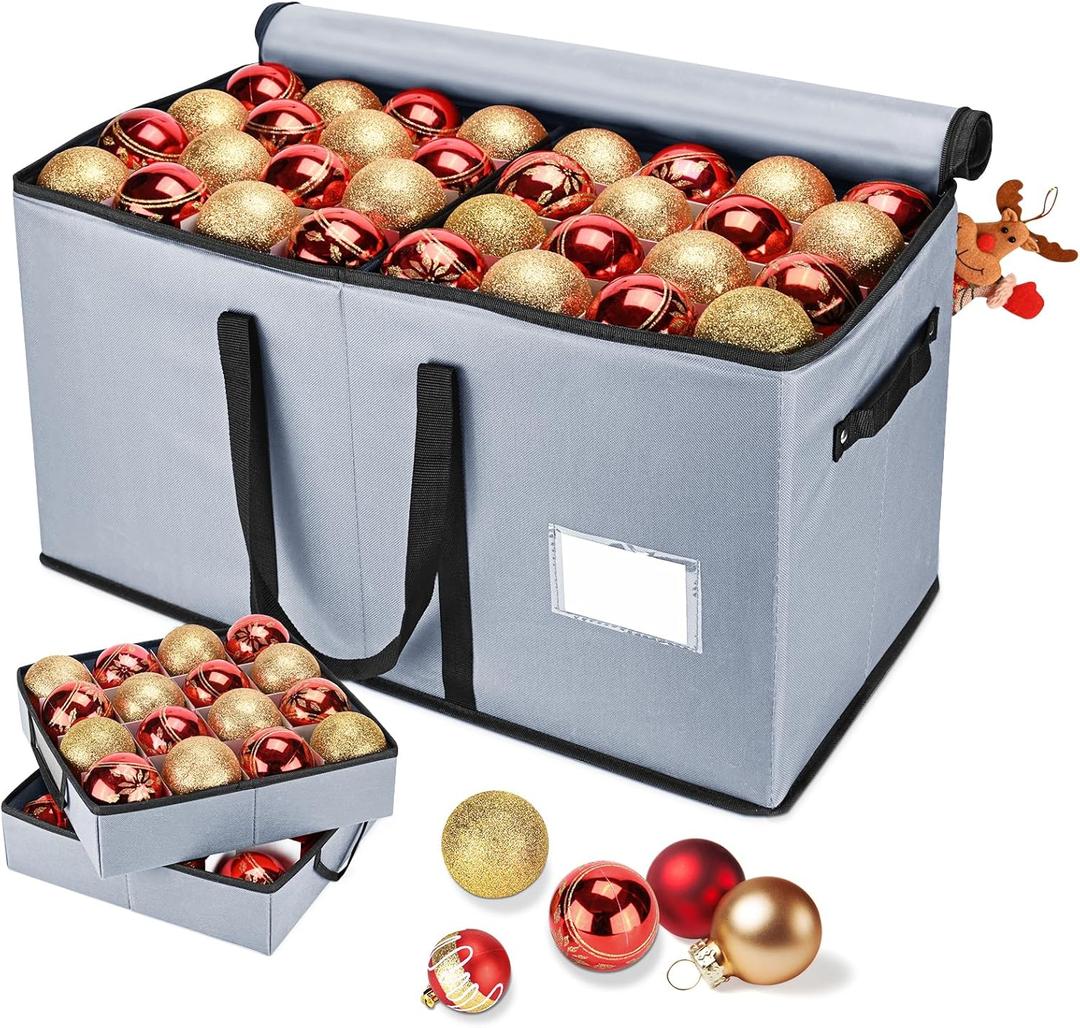 Christmas Ornament Storage Box, Ornament Storage Organizer Fits 128 of 3 inch Ornament Balls, 8 Removable Tray Ornaments Storage Containers with Dividers to Store Xmas Holiday Decor(Grey)