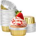 Beasea 8 oz 100 Pack Aluminum Ramekins, Disposable Ramekins Foil Cups Baking 3.9" Ramekin Cup Muffin Cupcake Aluminum Baking Cup Mini Pudding Souffle Cups for Party Wedding Birthday - Gold