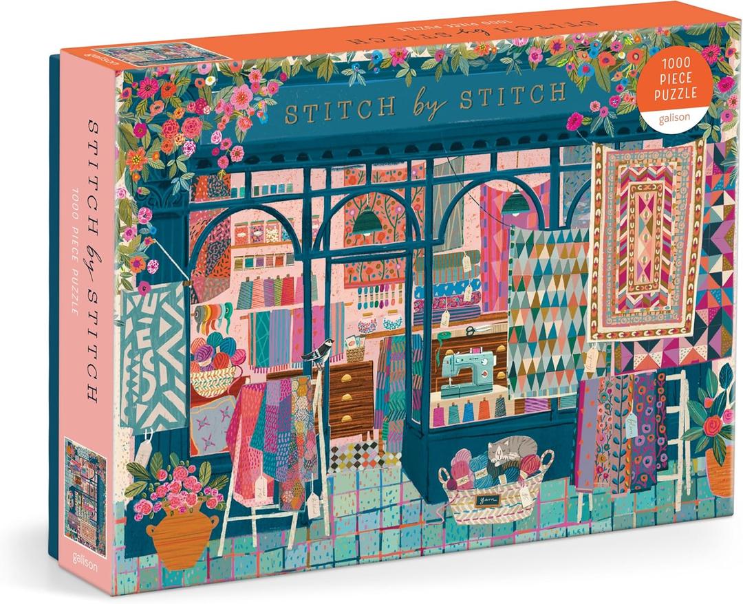 Galison Stitch by Stitch – 1000 Piece Puzzle Fun and Challenging Activity with Bright and Bold Quilting and Crafting Themed Storefront Artwork for Adults and Families