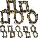 Maitys 15 Pcs Mini Picture Vintage Frames with Stands Tiny Antique Photo Baroque Ornate Resin Oval Frame Table Top Display Home Wedding Decor (Black Gold)