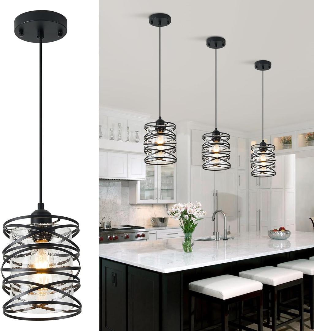 1-Pack Pendant Light Fixtures 6.3Inch Black Spiral Kitchen Island Light Modern Metal Cage Handblown Seeded Glass Ceiling Hanging Light Adjustable Cord for Dining Room Foyer Hallway, E26