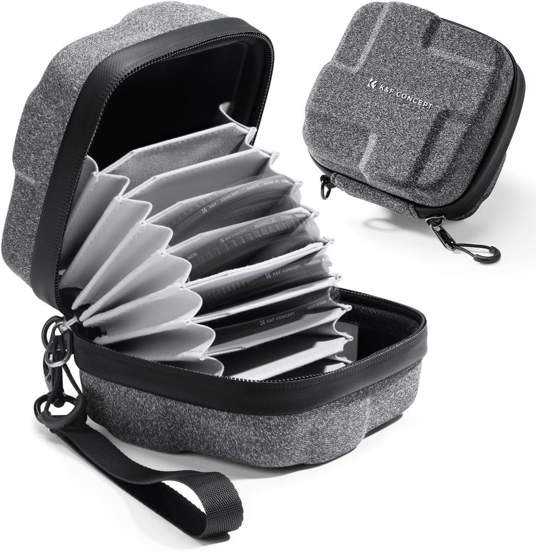 K&F CONCEPT 10 in 1 Lens Filter Case, Hard Shell Camera Filter Pouch Up to 82mm with Hand Strap, Waterproof Camera Lens Filter Storage Wallet for ND UV CPL Filter Pouch (Grey)