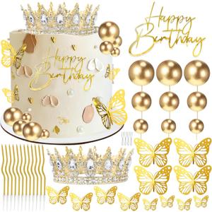 AMZVALU Crown Cake Topper, Gold Happy Birthday Cake Toppers Crown Balls Candles Butterflies, Corona Para Pastel, Cake Decorations for Women Princess Queen Wedding Party Decorations (Gold, White)