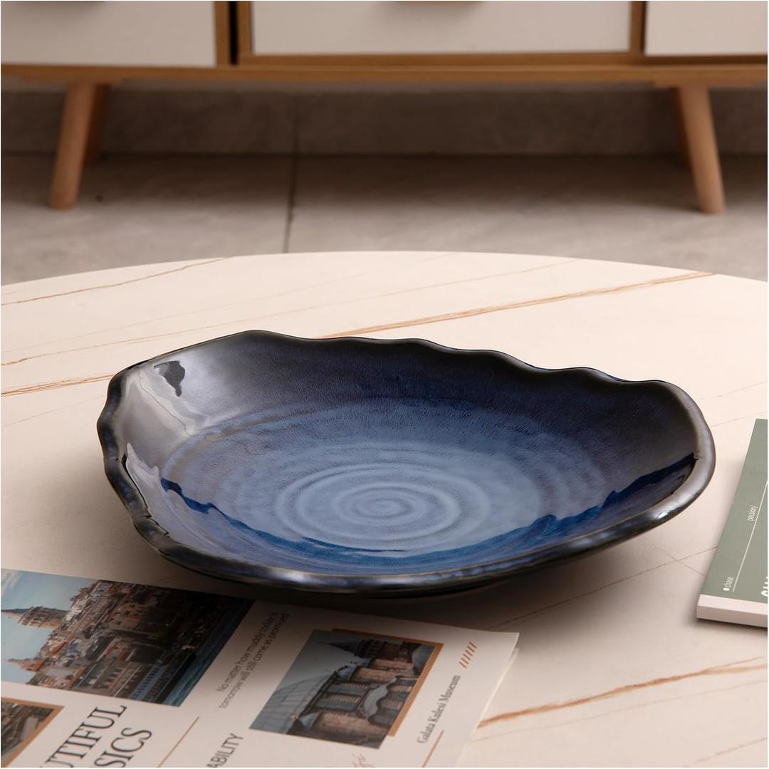Ceramic Decorative Dish for Kitchen Counter,12'' Large Decorative Bowl, Key Bowl for Entryway Table, Modern Centerpiece Decor Dish for Home Decor Accents.(BIUE) (Navy Blue)
