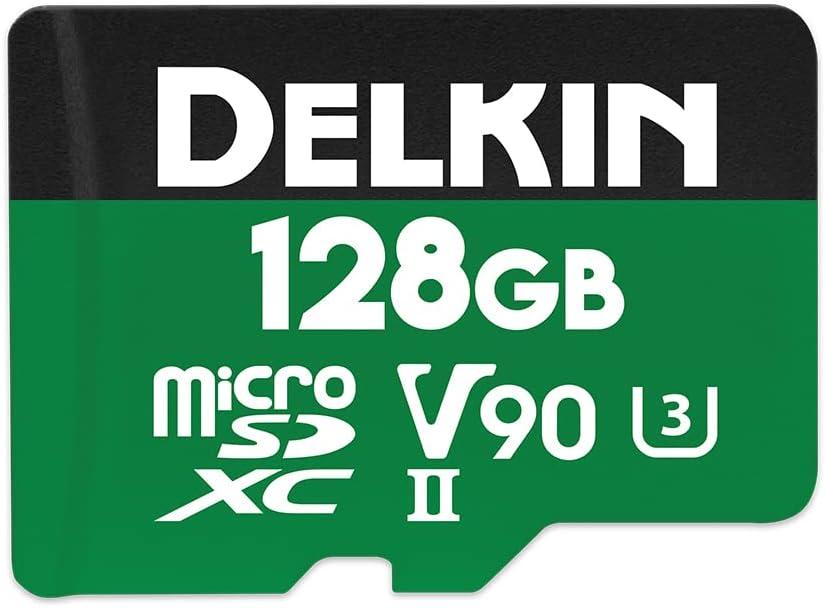 Delkin Devices 128GB Power Micro SD Card UHS-II (U3/V90) - 300MB/s Read, 250MB/s Write, 8K, 4K, 3D, HDR, 360 Recording | Micro SD Card 128GB with SD Adapter