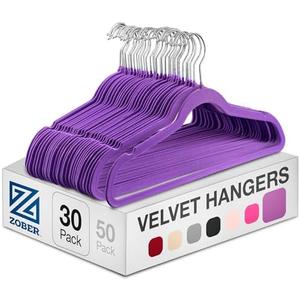 Zober Velvet Hangers - Heavy Duty Hangers for Coats, Pants & Dress Clothes - Non Slip Clothes Hanger Set - Space Saving Felt Hanger for Clothing (Purple, 30 Pack)