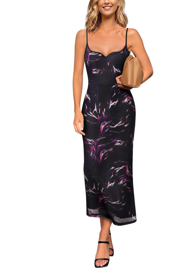 VFSHOW Womens Spaghetti Strap Wedding Guest Cocktail Party Midi Slip Dress (L)