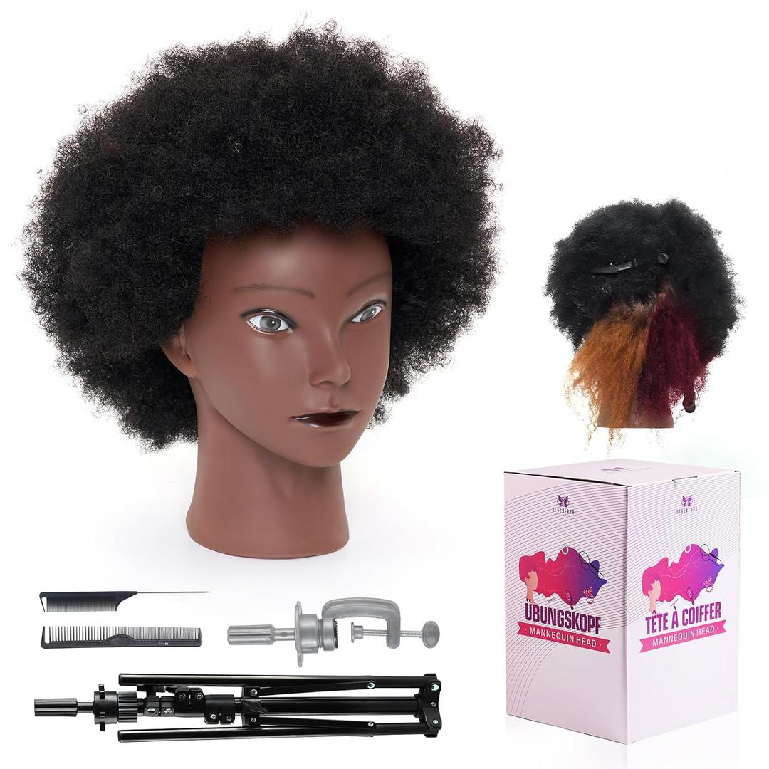 100% African Mannequin Head Human Hair,4C Afro Curly Cosmetology Manican Manikin Doll Head with 47 Mannequin Head Stand,Table Calmp,Braiding Set for Display Practice Braiding Styling Training, Blac