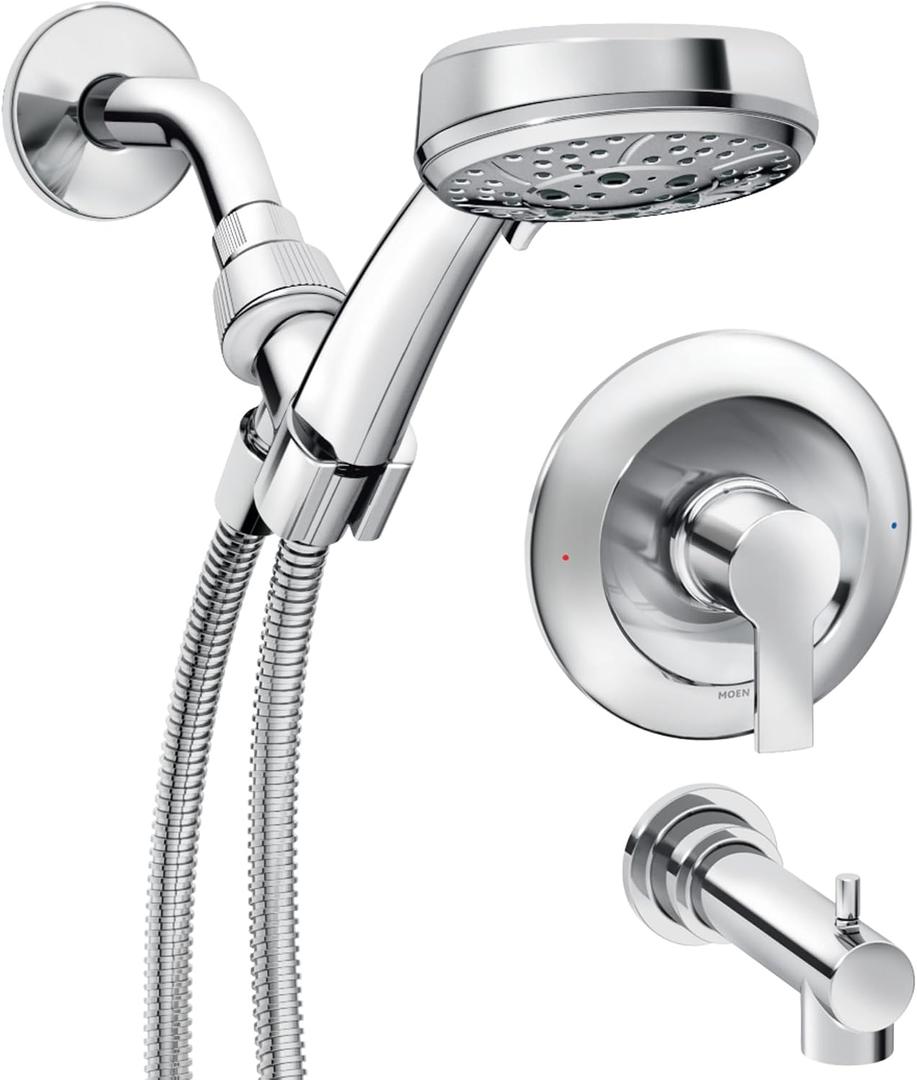 Moen Meena Chrome Single Handle Modern Bathtub and Shower Faucet with Handshower, Lever Handle, Tub Spout and Valve Included, 82618