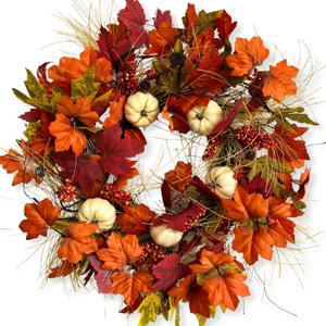 Fall Wreaths for Front Door,24 Inch Autumn Large Pumbkin Wreath with Berry,Maple Leaves and Pine Cone,Thanksgiving Harvest Festival Wreaths Indoor and Outdoor Wall, Window,Home Door Decor (Orange)