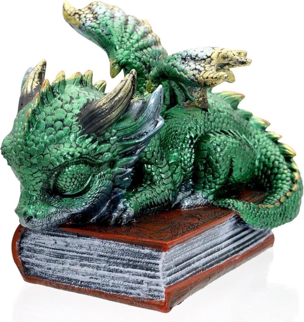 Mini Green Dragon Figurine Fantasy Dragon Statue Sleeping on Book Cute Desk & Bookshelf Dcor Inspirational Gift for Women, Men & Friends