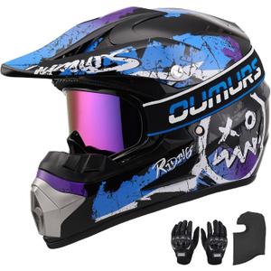 OUMURS DOT Adult ATV Dirt Bike Helmet with Goggles Gloves & Mask Adjustable Sun Visor Motorcycle Adult Helmet Off-Road Motocross Downhill Moped MX for Unisex-Adult OUMURS 125A-Blue, M 