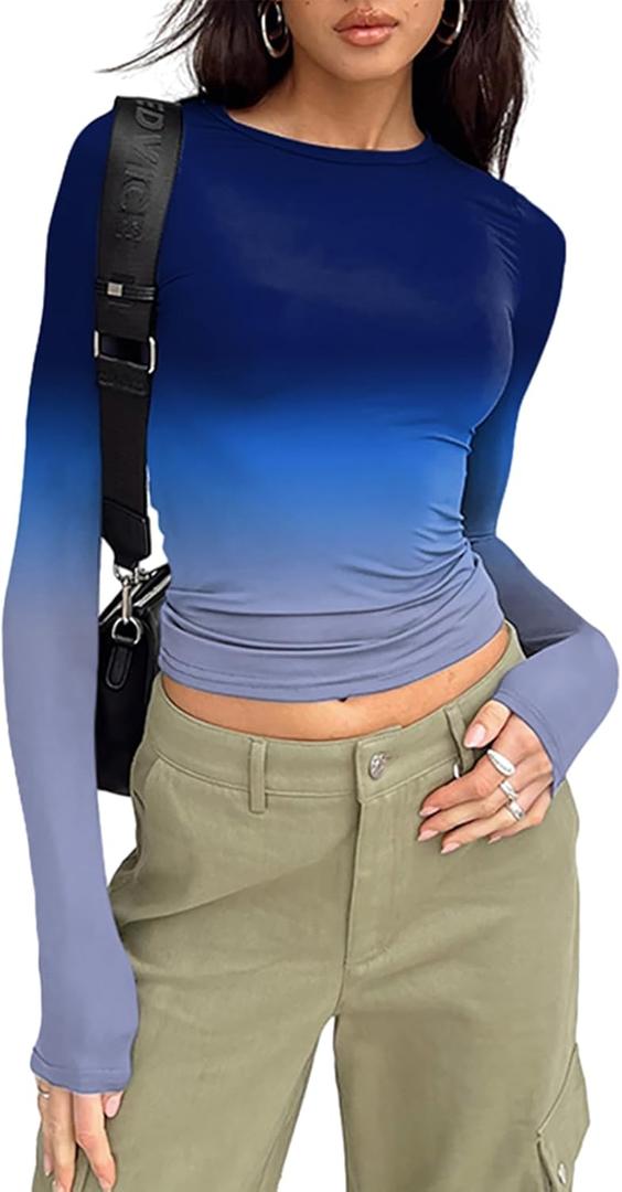 Hafailia Long Sleeve Shirts for Women - Casual Y2K Basic Tops Crewneck Slim Fit Tshirt Tees Blue Purple L