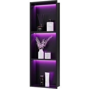 3-Tiers 12x36Inch Wall Niche with RGB LED Light Strips, Matte Black Shower Niche Shelf Cabinet, Stainless Steel Bathroom Shelf, NO Tile Needed Recessed Waterproof Storage Organizer