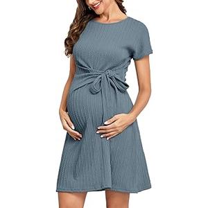 2024 Women's Summer Maternity Dress Ribbed Short Sleeve Knot Front Pregnancy Flowy Dresses Baby Shower Casual, Size: Large