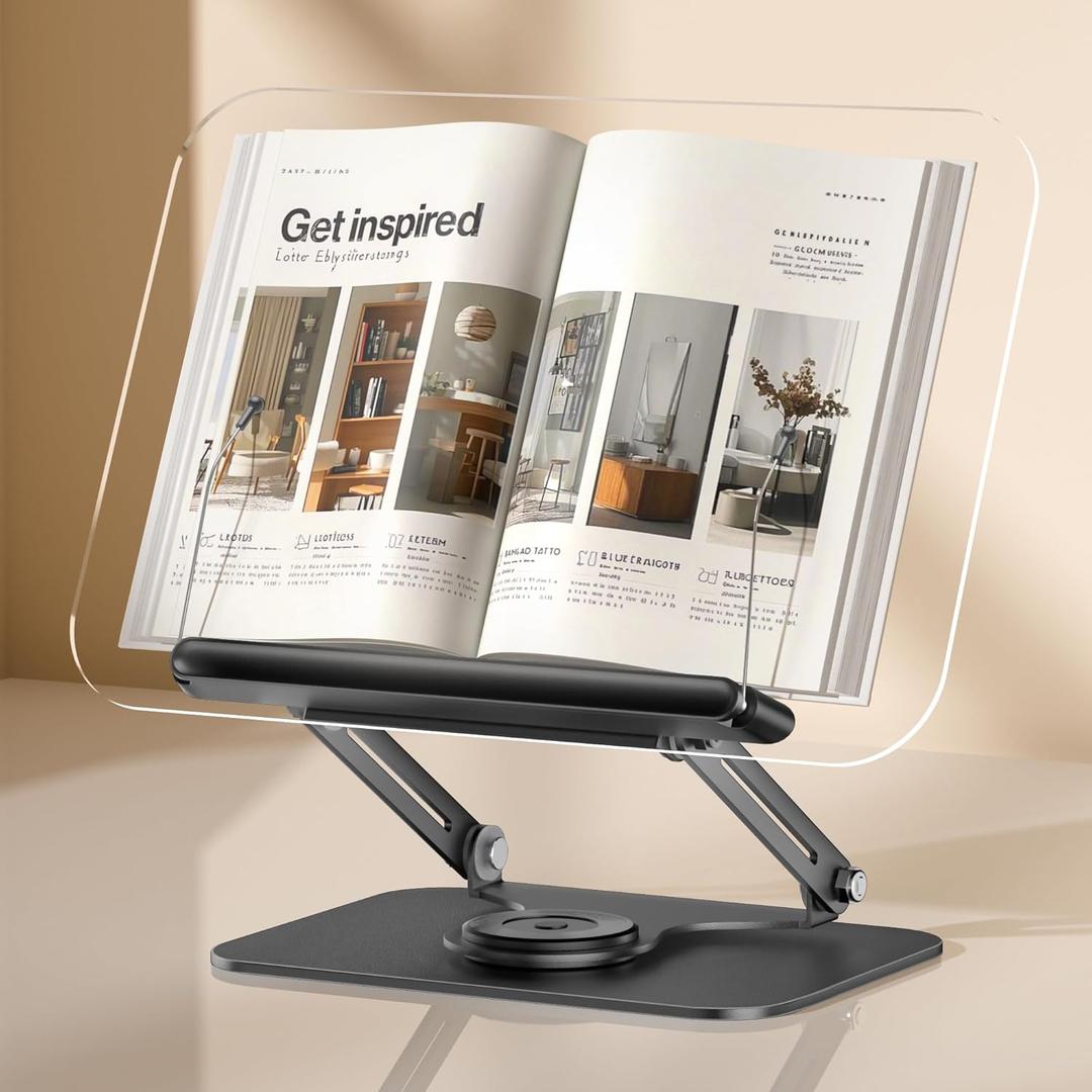 ASIEIT Book Stand for Reading, Acrylic Adjustable Book Holder with 360 Rotating Bases & Elastic Page Clips, Foldable Multifunctional Display Stand for Bible, Laptop, Recipe, Tablets, Textbook